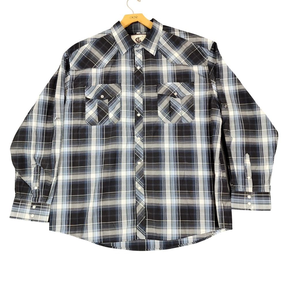 Coevals Club Mens XXL Western Snap Shirt‎ Blue Black Plaid Roll Tab Long Sleeve